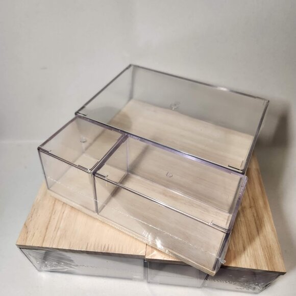 NEW Drawer Desktop Organizer 8 Piece Set Acrylic Clear with Wooden Lids Office - Picture 5 of 14